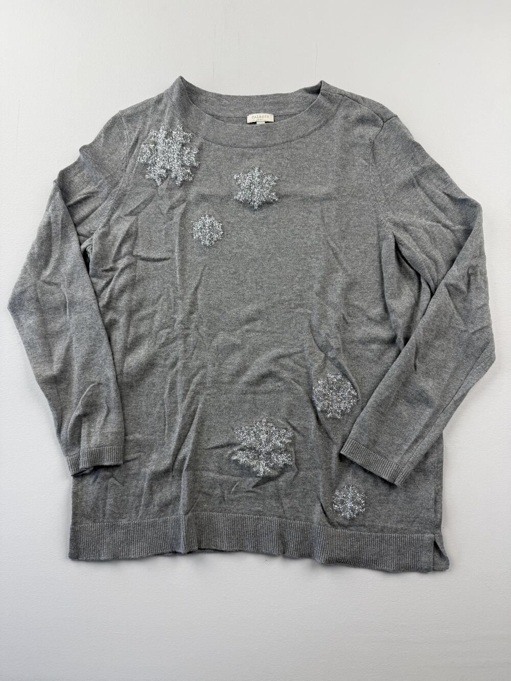 Talbots Sweater Womens Medium Gray Snowflake Glitter Crewneck Pullover Knit